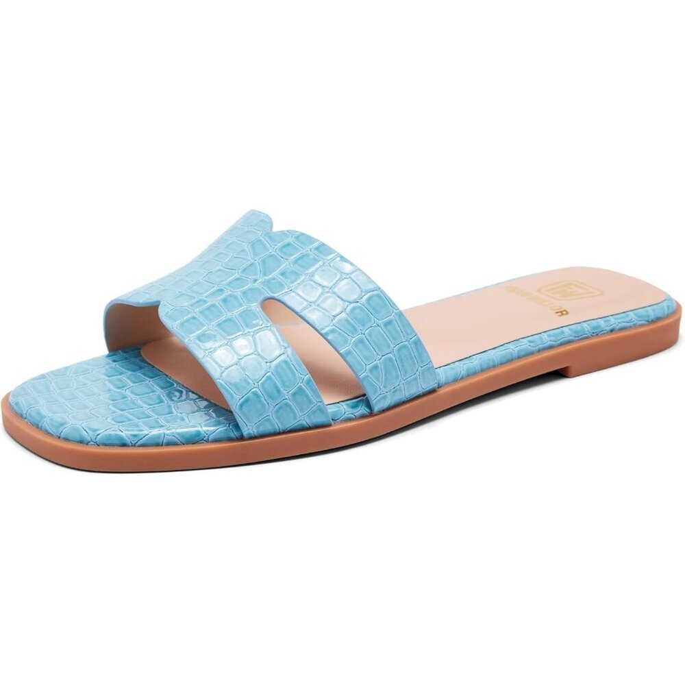 Women's Blue Square Slip On Open Toe Summer Beach Flat Slide Sandals